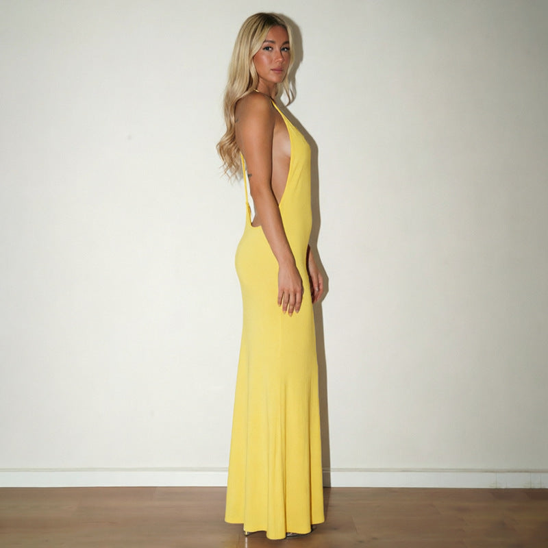 Women Clothing Autumn Solid Color Casual Sleeveless Backless Strap Slim Fishtail Maxi Dress HONEYBADGER
