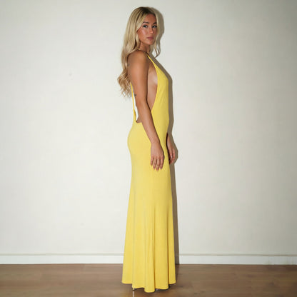 Women Clothing Autumn Solid Color Casual Sleeveless Backless Strap Slim Fishtail Maxi Dress HONEYBADGER