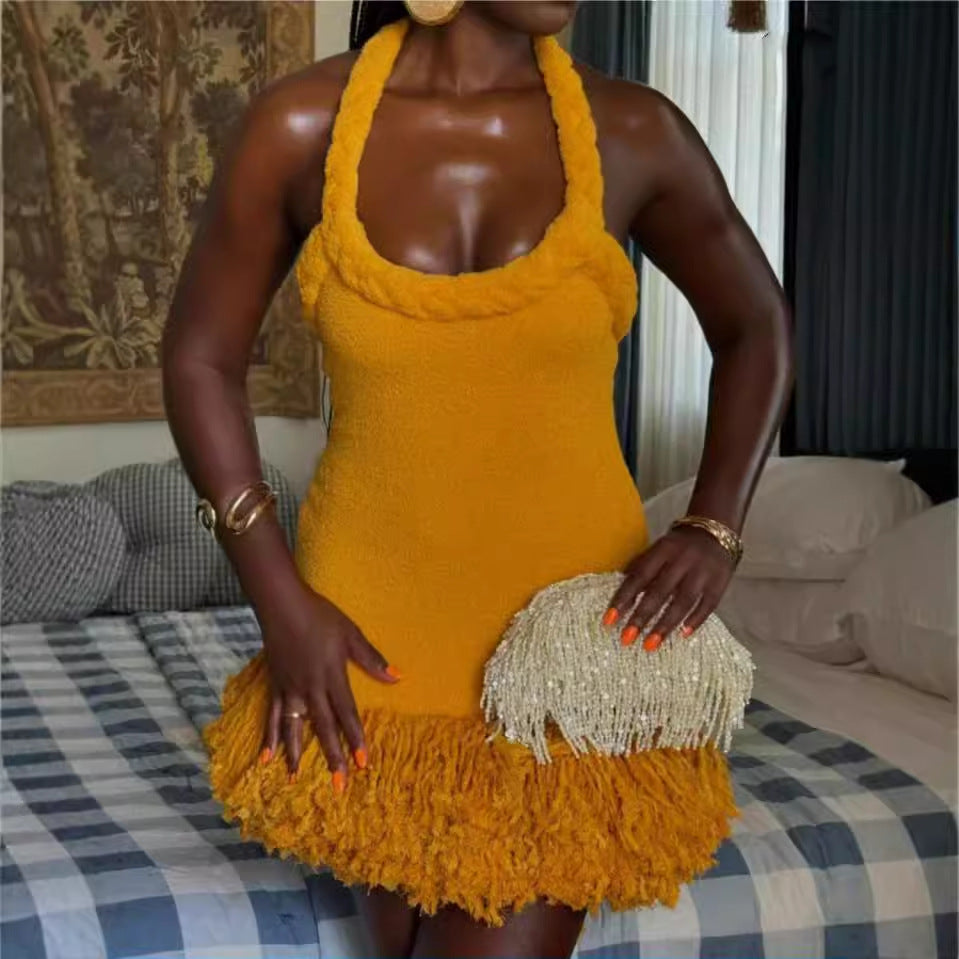 Vestido corto con borlas y tirantes de hilo tejido a mano para otoño e invierno