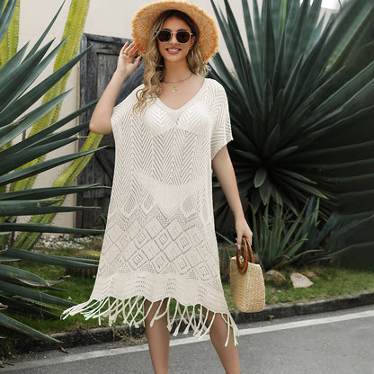 Summer Women Solid Color Tassel Hollow Out Cutout Sweater Loose Beach Dress