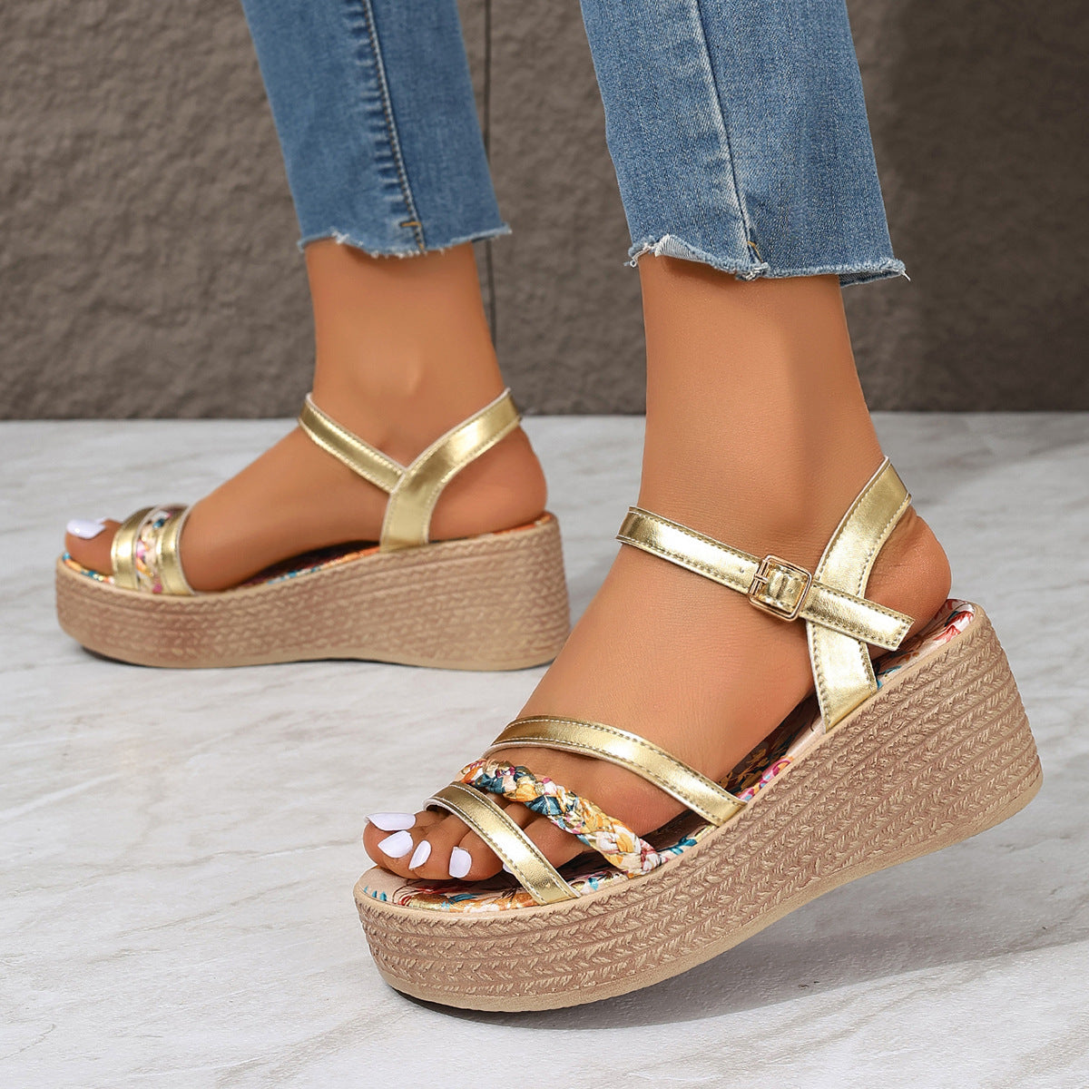 Knitted Belt Open Toe Floral Platform Sandals Women Bohemian Buckle Wedge Beach Slippers