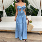 Summer Bow Suspenders Elastic Waist Wide Leg Women Clothing Denim Jumpsuit FentyWild