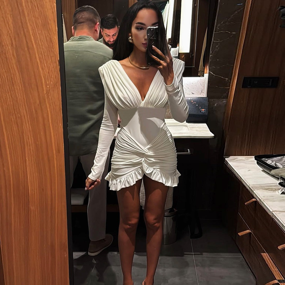 Summer Women Elegant Sexy Solid Color V neck Tight Waist Hip Pleated Long Sleeve Dress HERMS