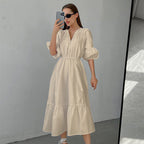 Summer Office Klein Blue Puff Sleeve High Waist A- line Dress Fashionable Simple Women Dress FOREVEREIGHTEEN
