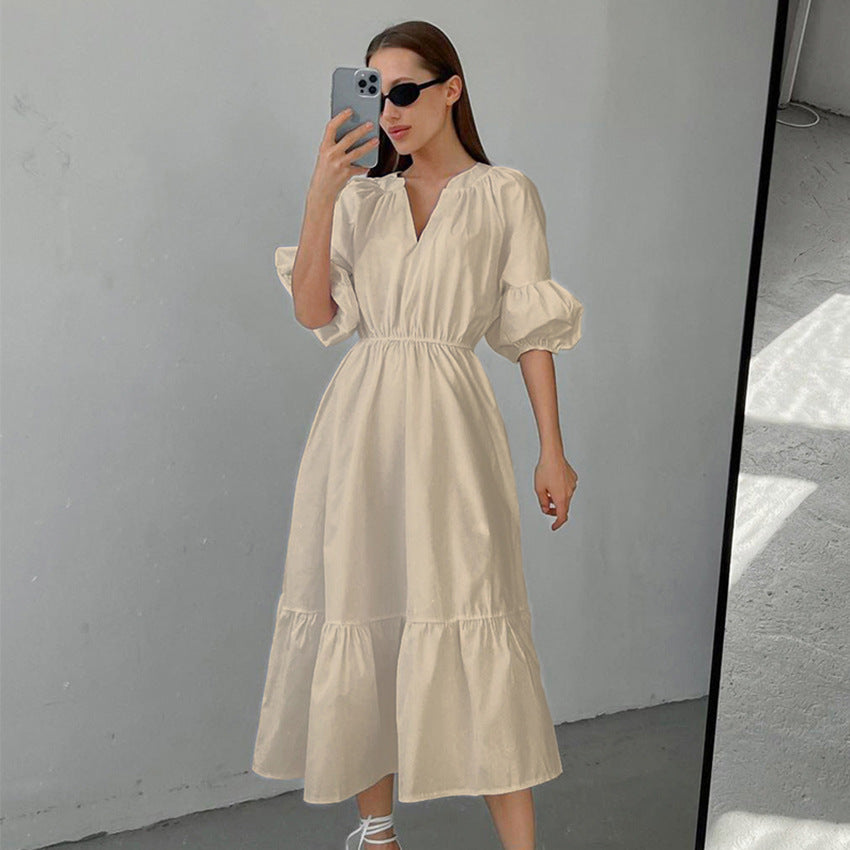 Summer Office Klein Blue Puff Sleeve High Waist A- line Dress Fashionable Simple Women Dress FOREVEREIGHTEEN