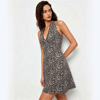 Leopard Print Halter Women Summer Lace V neck Slim Slimming A line Dress Yiskiss