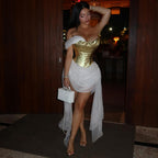 Spring Women Clothing Golden Bright Surface Mesh Stitching Ribbon Sexy Dress Dores