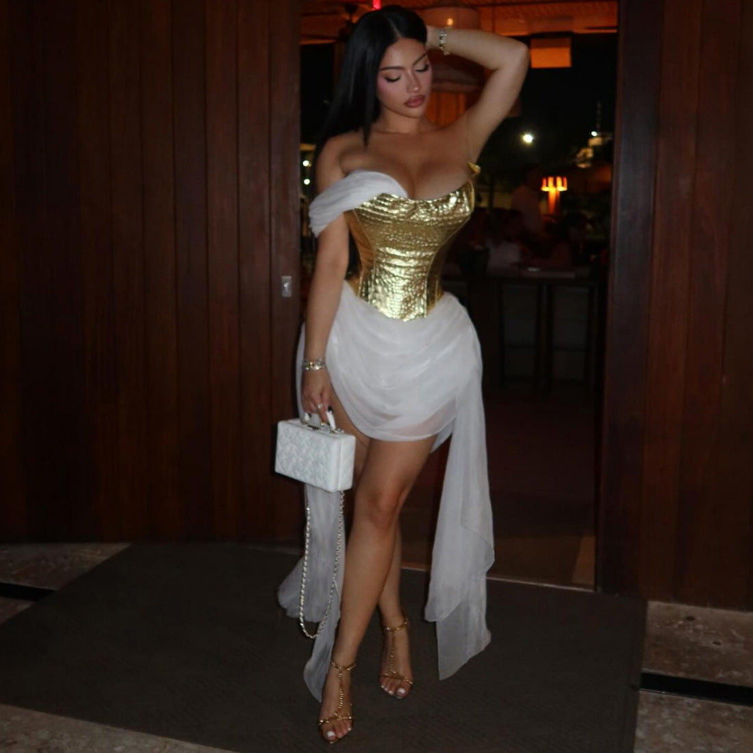 Spring Women Clothing Golden Bright Surface Mesh Stitching Ribbon Sexy Dress Dores
