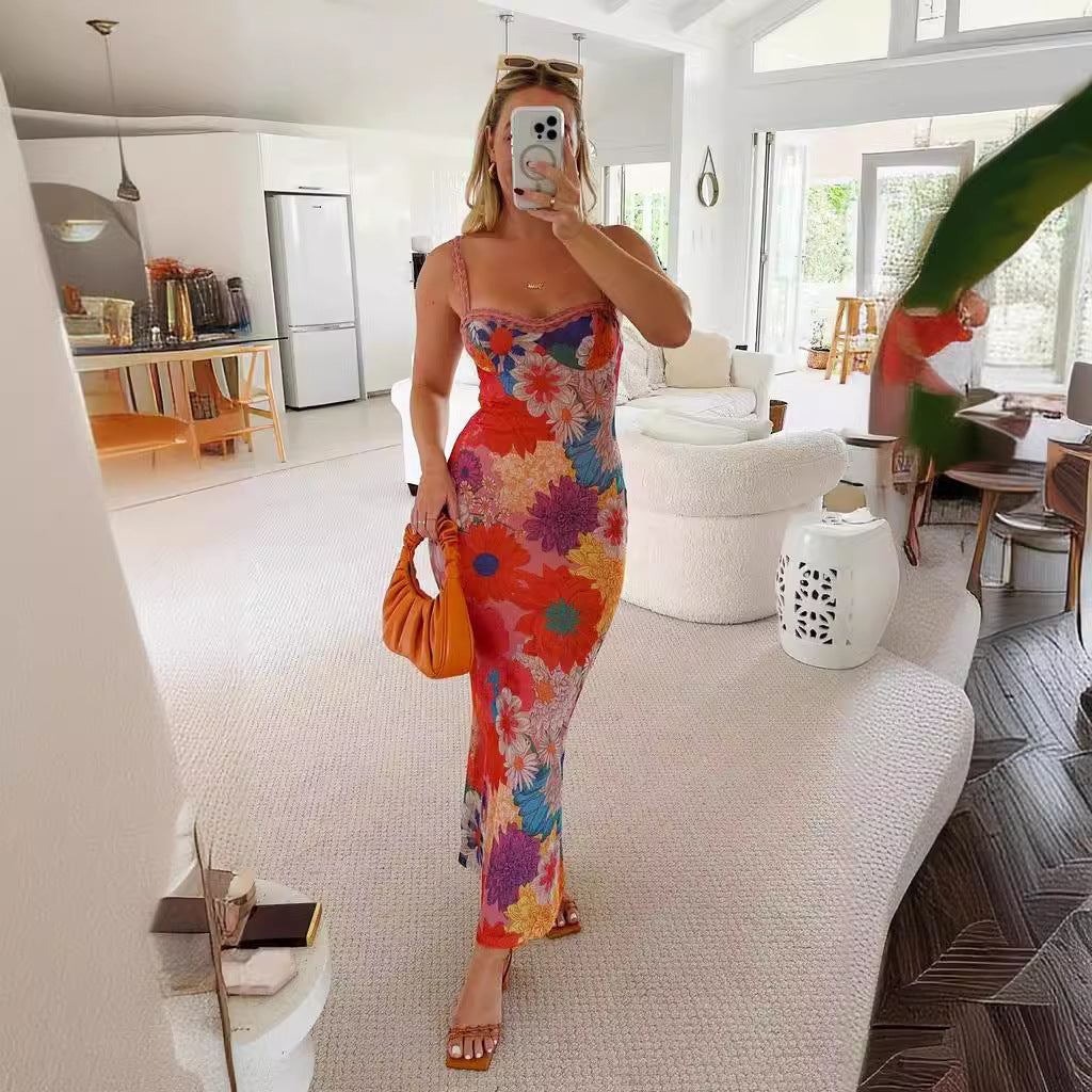 Summer Women off Neck Floral Printing Slip Dress XUYUN