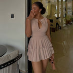 Women Clothing Summer Fresh Sweet V neck High Waist Slimming Pleated A line Dress Short Dress Suniel