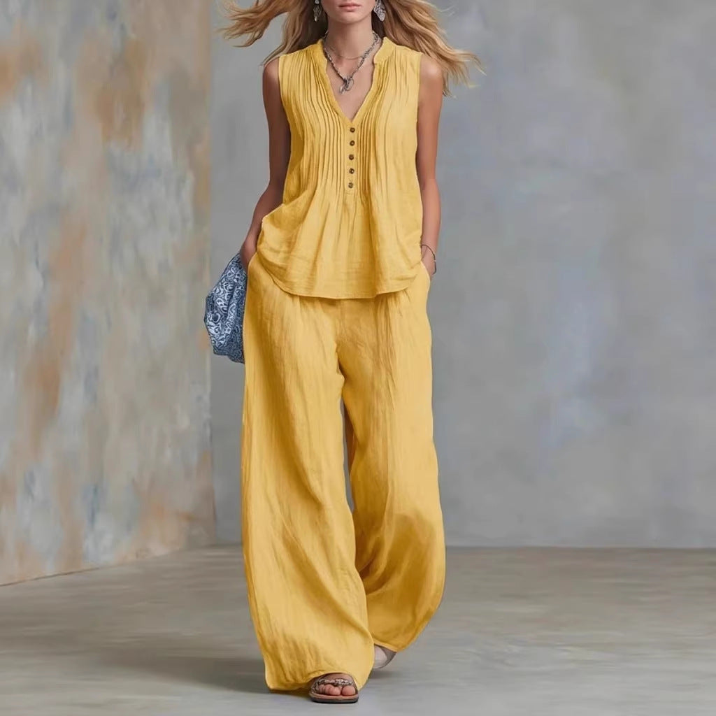 Women Clothing Summer Casual Stylish Solid Color Sleeveless V neck Set NICE
