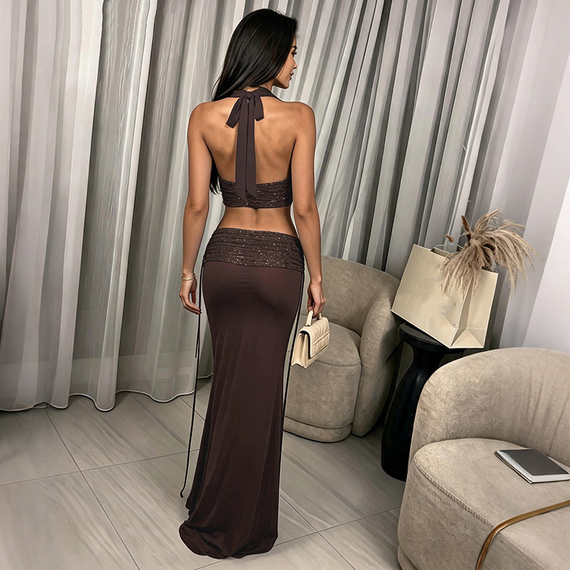 Summer Sexy Deep V Plunge Halter Lace up Top Sequined Low Waist Skirt Set YIMAIL