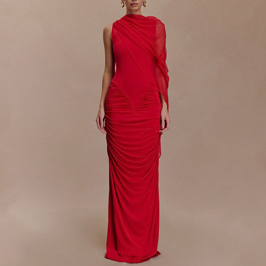 Fashionable Pleated Mesh Shawl Dress Sexy Sheath round Neck Slim Dress