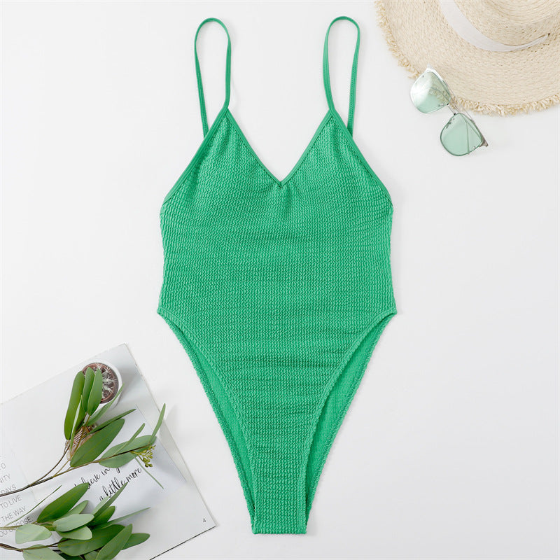 Bikini de escote en V profundo, traje de baño sexy, bikini de color liso con arrugas color champán