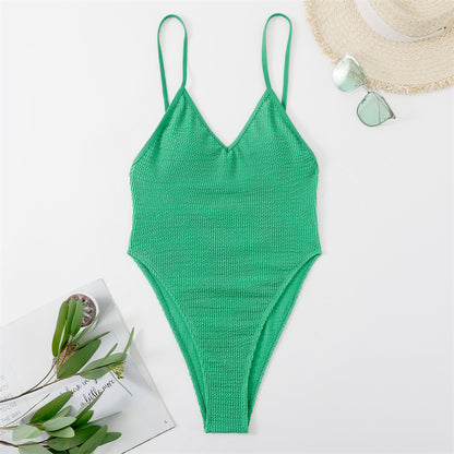Bikini de escote en V profundo, traje de baño sexy, bikini de color liso con arrugas color champán