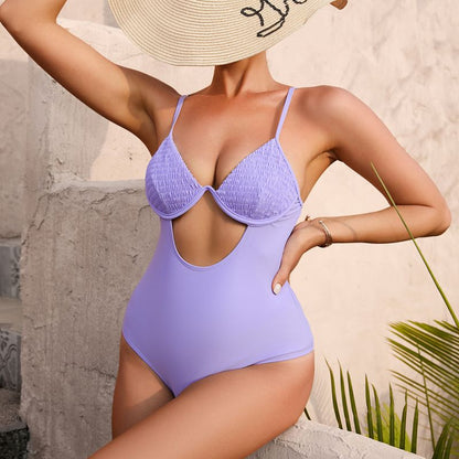 Women Sexy Backless Siamese Swimsuit Sling Solid Color Hollow Out Cutout Swimsuit