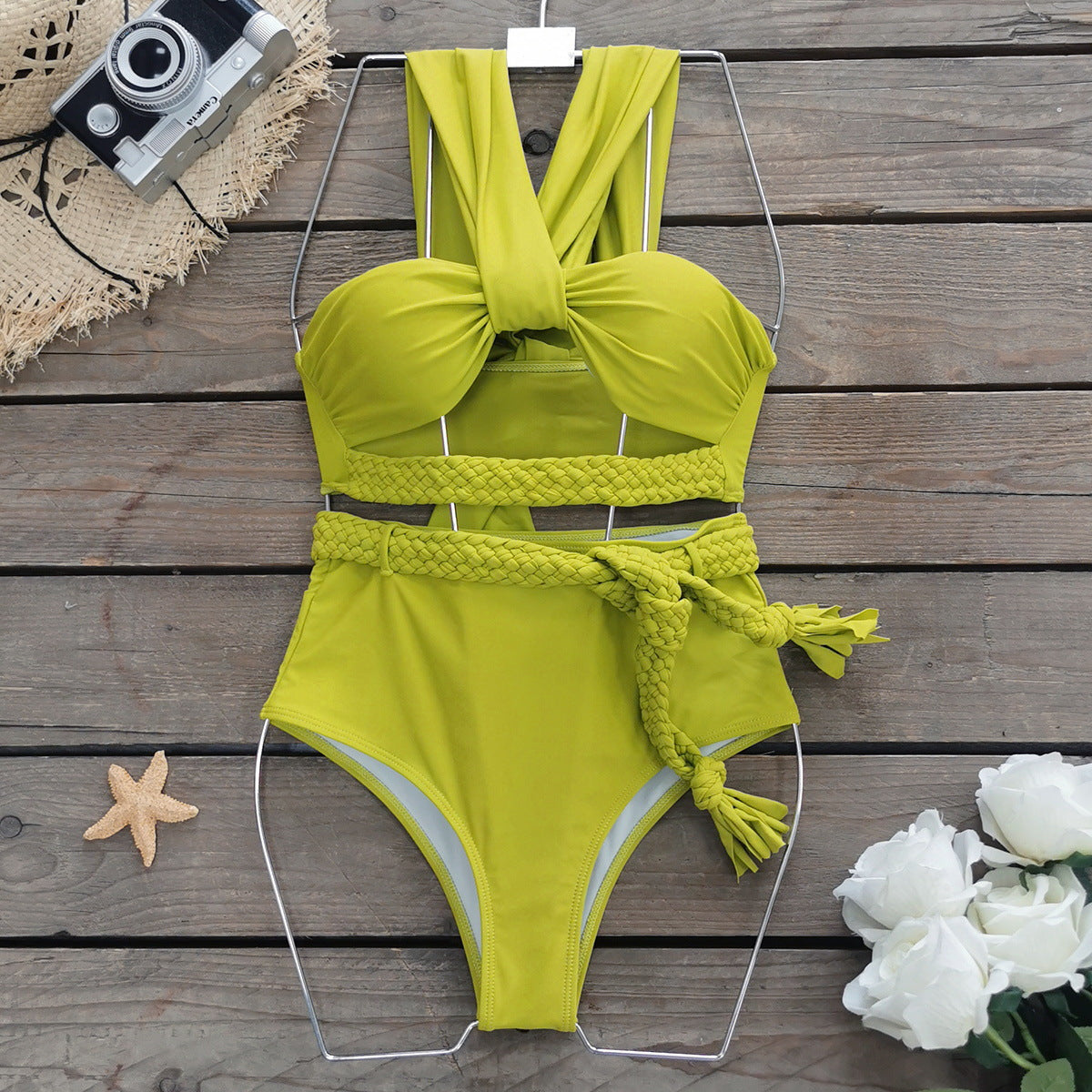 Solid Color Braid Rope High Waist with Straps Bikini Split Swimsuit Women Bikini