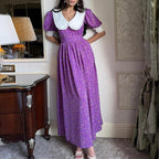 Women Clothing French Peter Pan Collar Short Sleeve Dress Purple Floral Tie Neck Slimming Dress Kigali