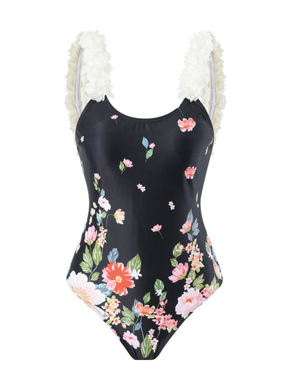 Traje de baño conservador de una pieza con falda estampada para mujer