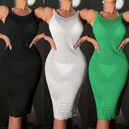 Women Clothing Mid-Length Sexy Crocheted Hollow Out Cutout U Collar Strap Dress Knitted Beach Dress Crochet hook