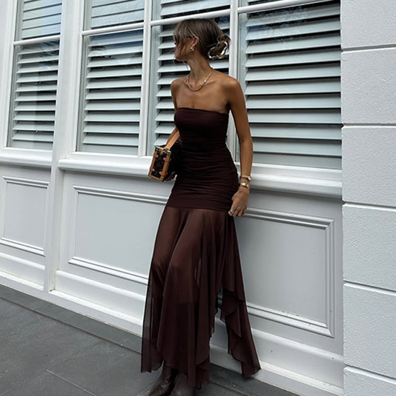 Vestido de mujer con cuello halter, sexy, de primavera, con costuras de malla y top de tubo