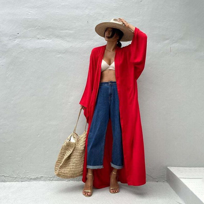 Rayon Cardigan with Belt Beach Cover up Sexy Cardigan Long Sleeve Vacation Beach Cover Up FlowWhite