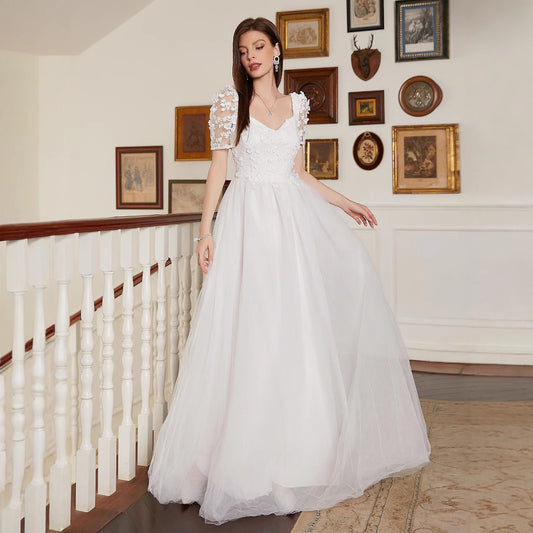 French Pastoral White Large Swing V neck Short Sleeve Elegant Backless Cocktail Wedding Dress