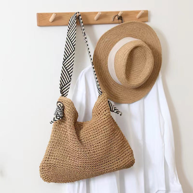 Bag Striped Wide Ribbon Shoulder Straw Bag Woven Bag Vacation Beach Bag EaseWoven