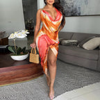 Sources Sexy Backless Tie Dyed Silk Satin Texture Swing Collar Dress Summer MOOYAA