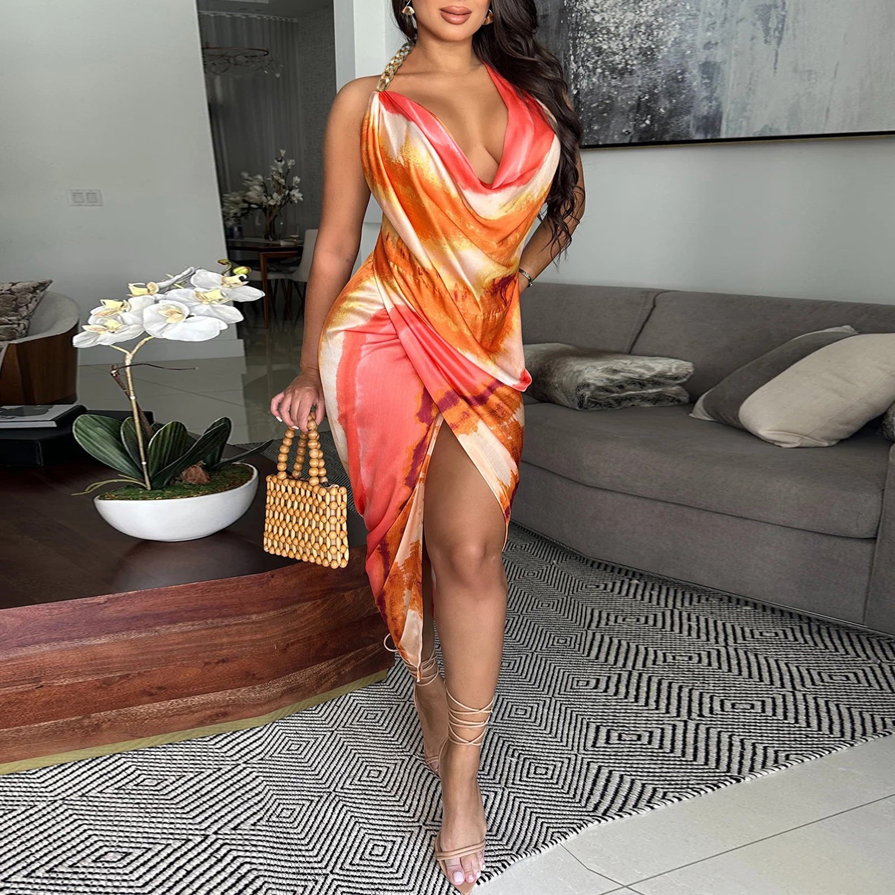 Sources Sexy Backless Tie Dyed Silk Satin Texture Swing Collar Dress Summer MOOYAA