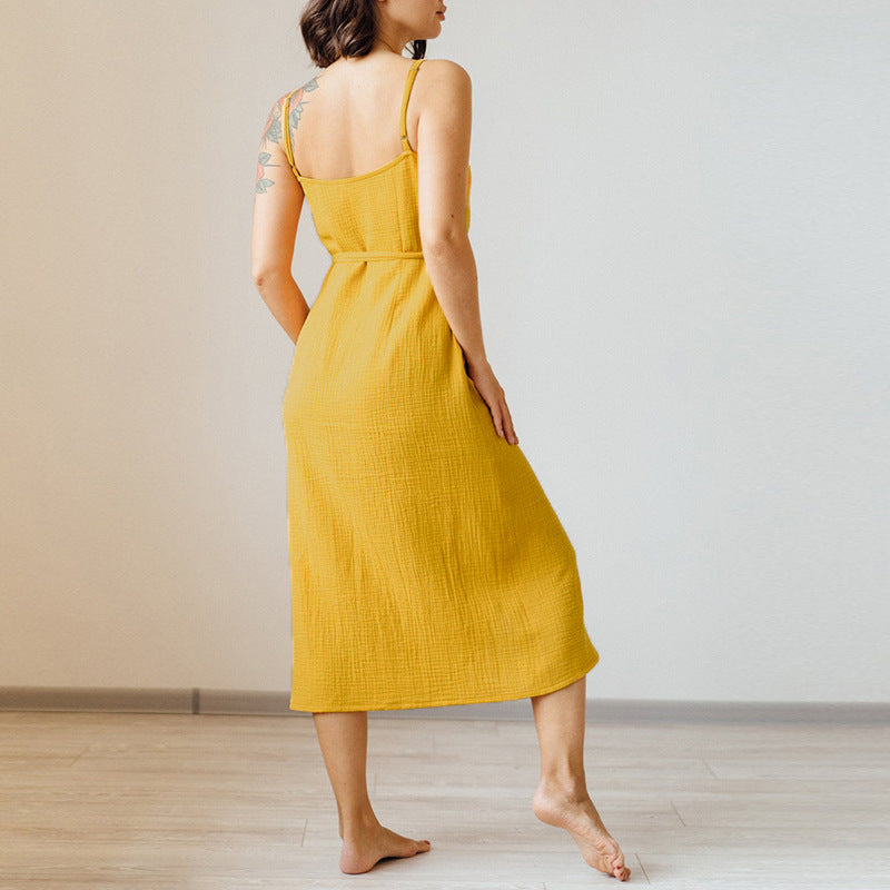 French Placket Strap Dress Women's Clothing Design Sexy Small Backless Slit Hemline at Hem Dress JilSung