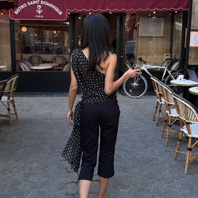Haut asymétrique sexy à pois en mousseline transparente à col diagonal pour femme