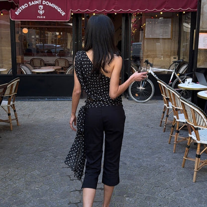Women Clothing Summer Sexy Diagonal Collar Polka Dot Chiffon See through Irregular Asymmetric Top Women