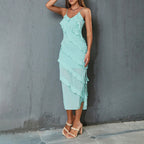 Summer Women Sexy Dress Semi Transparent Stitching Sleeveless Backless Halter Dress TAJA