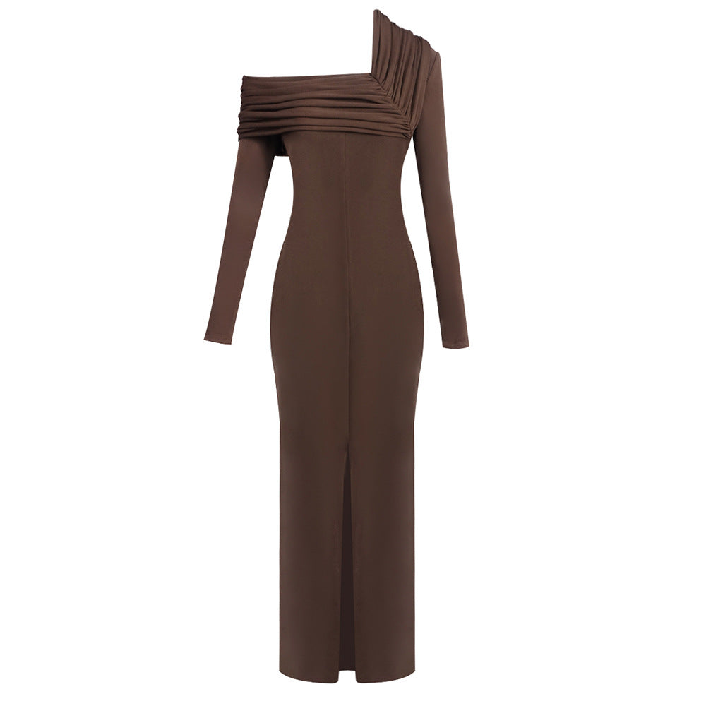Spring Dark Brown One Shoulder Dress Pleated High Slit Maxi Dress the Dinner Party Host Sight