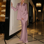 Spring Autumn Satin High Grade Half Length Skirt Set Collared Long Sleeve Top Office Two Piece Set