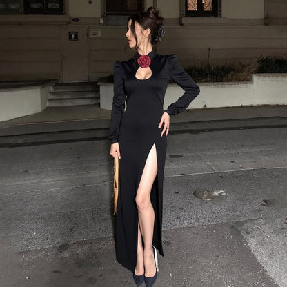 Fall Women Clothing Elegant Slim Fit Sexy Cutout High Slit Stand Collar Long Sleeve Dress Women