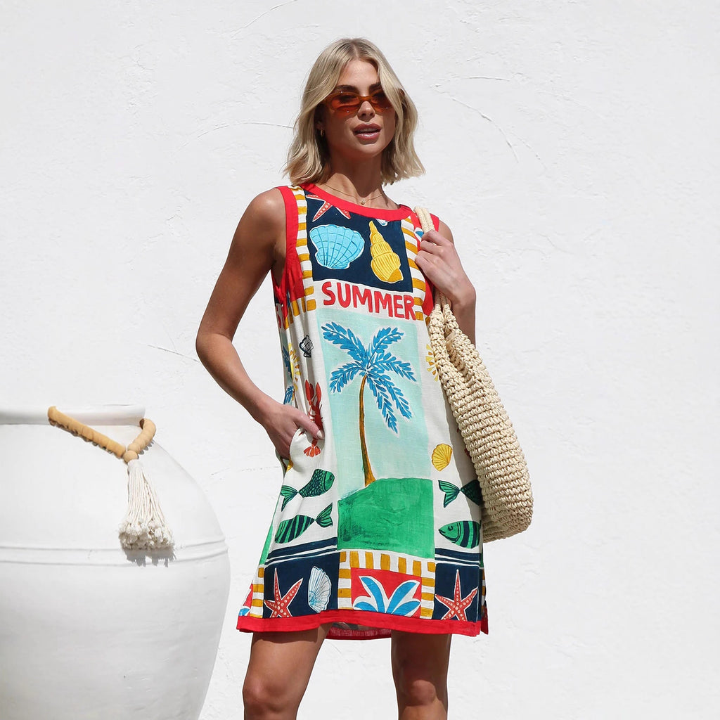 Dress Positioning Multicolor Printing Sleeveless Vest Dress Zemy