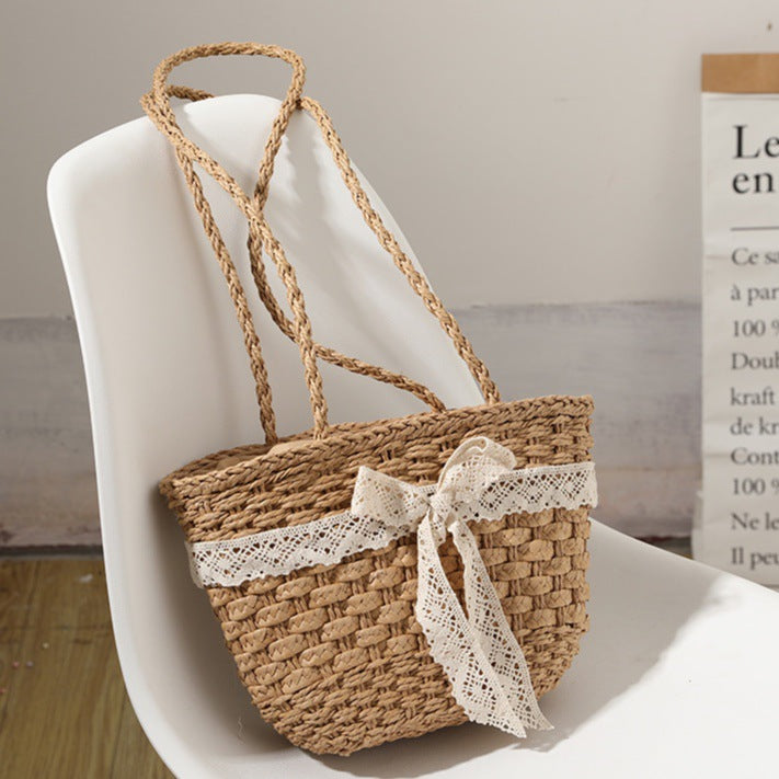 Straw Bag Lace Bow Woven Bag Fairy Seaside Vacation Beach Bag Women Bag EaseWoven