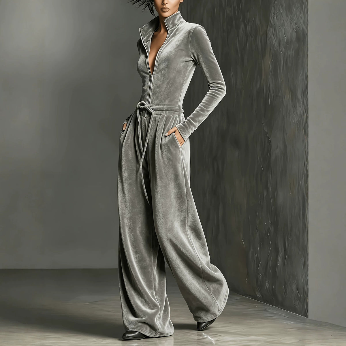 Velvet Long Sleeve Zipper Jumpsuit Casual High Waist Lace up Wide Leg Slim Fit Bodysuit Venly
