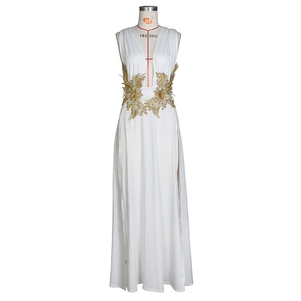 Nuevo vestido largo para dama, vestido de noche sexy de moda para boda, escote en V profundo, abertura alta, vestido de fregona grande con vuelo