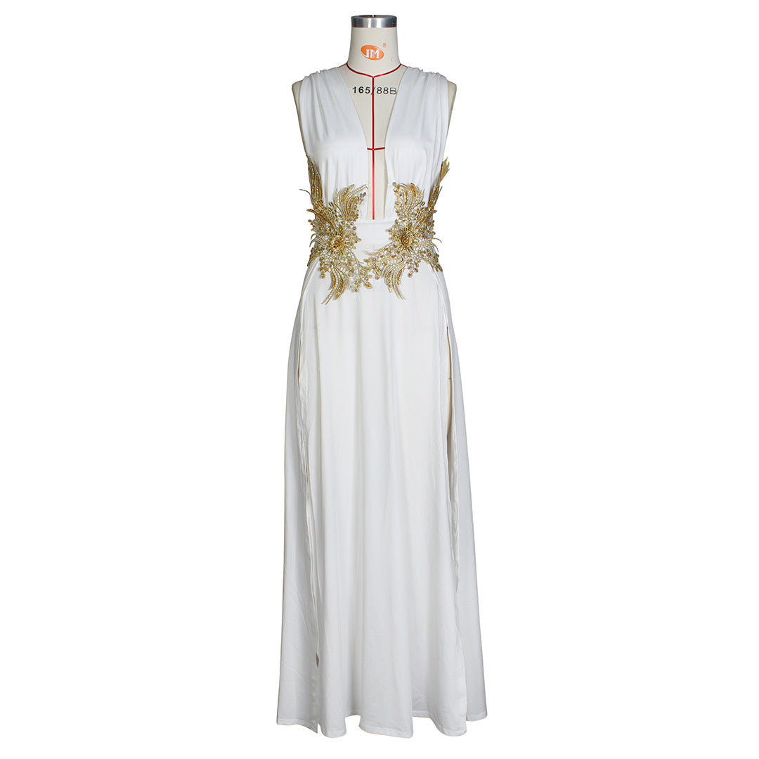 Nuevo vestido largo para dama, vestido de noche sexy de moda para boda, escote en V profundo, abertura alta, vestido de fregona grande con vuelo