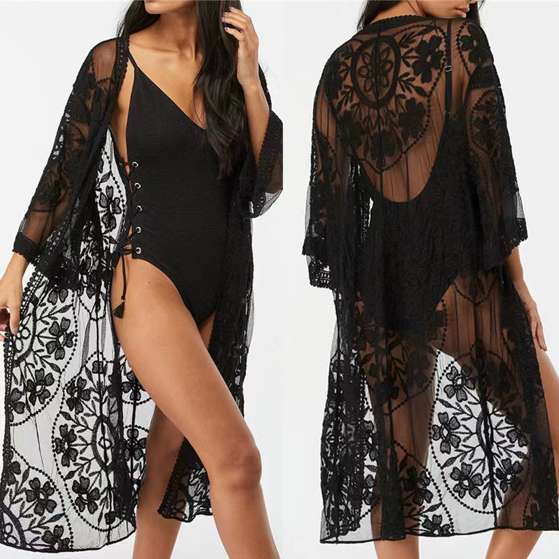 Lace Mesh Crochet Beach Cover up Seaside Vacation Bikini Sun Protection Clothing YTCYZ