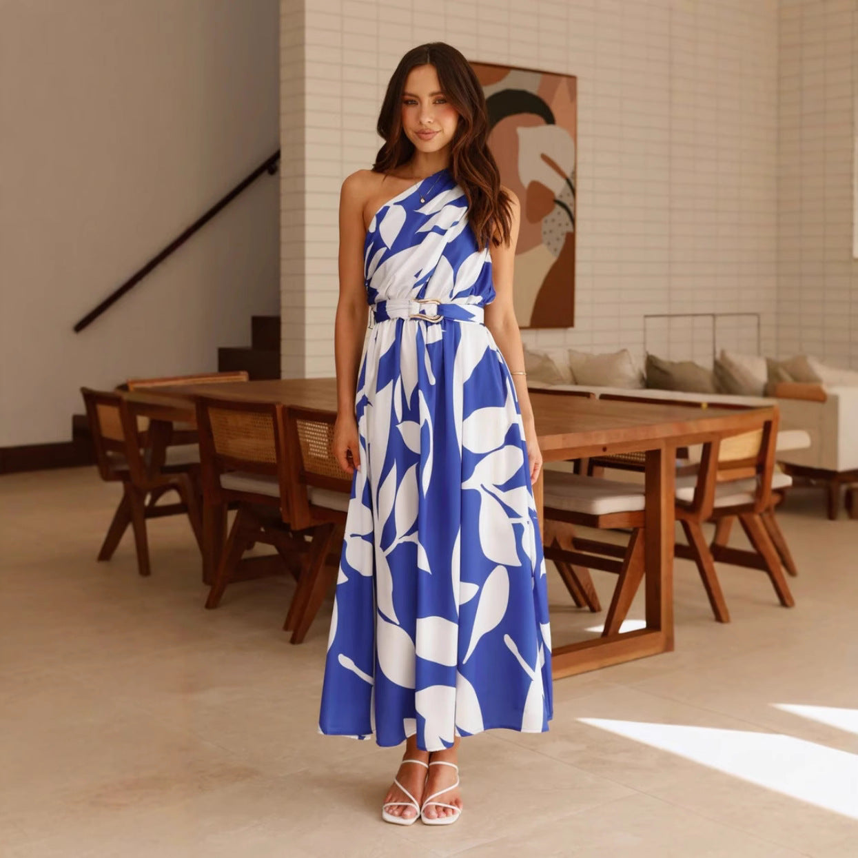 Summer Printed Shoulder Belt Maxi Dress for Women Swing Maxi Dress Zemy