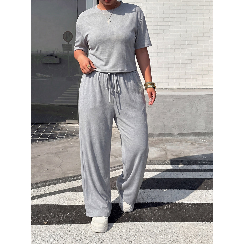 Plus Size Women Clothing Casual Two Piece Set round Neck Short Short Sleeve T shirt Drawstring High Waist Wide Leg Pants Loose Outfit CJENNY