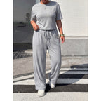 Plus Size Women Clothing Casual Two Piece Set round Neck Short Short Sleeve T shirt Drawstring High Waist Wide Leg Pants Loose Outfit CJENNY