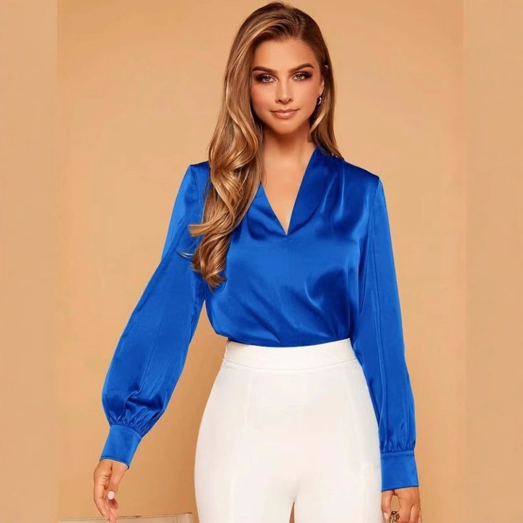 Women V neck Shirt Tops Fall Long Sleeve Satin Shirt