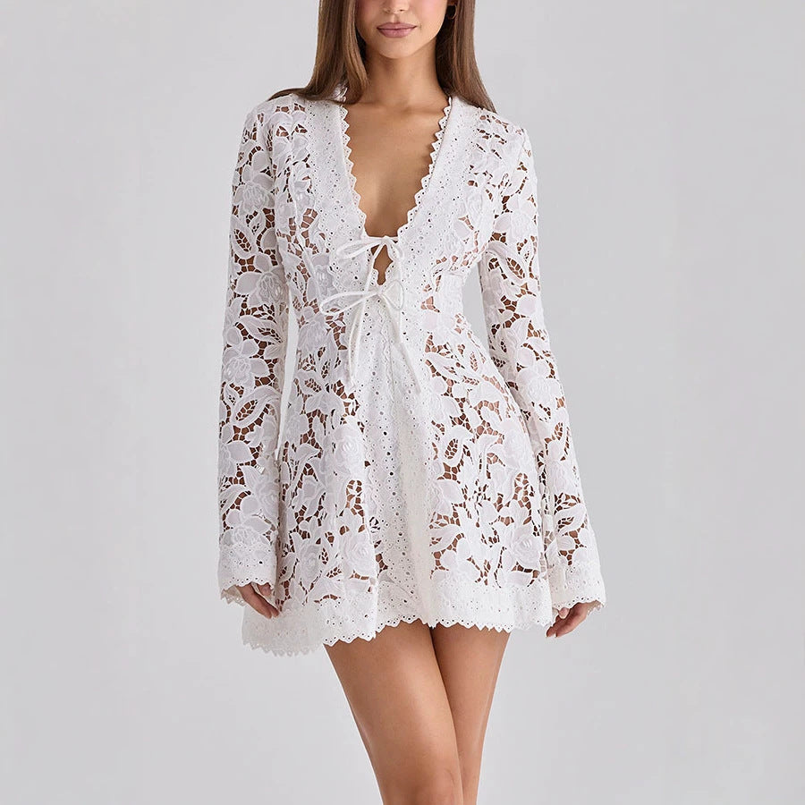 Spring Summer Long Sleeved Lace up Dress Loose Vacation Women Dress Oyrina