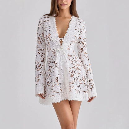 Spring Summer Long Sleeved Lace up Dress Loose Vacation Women Dress Oyrina