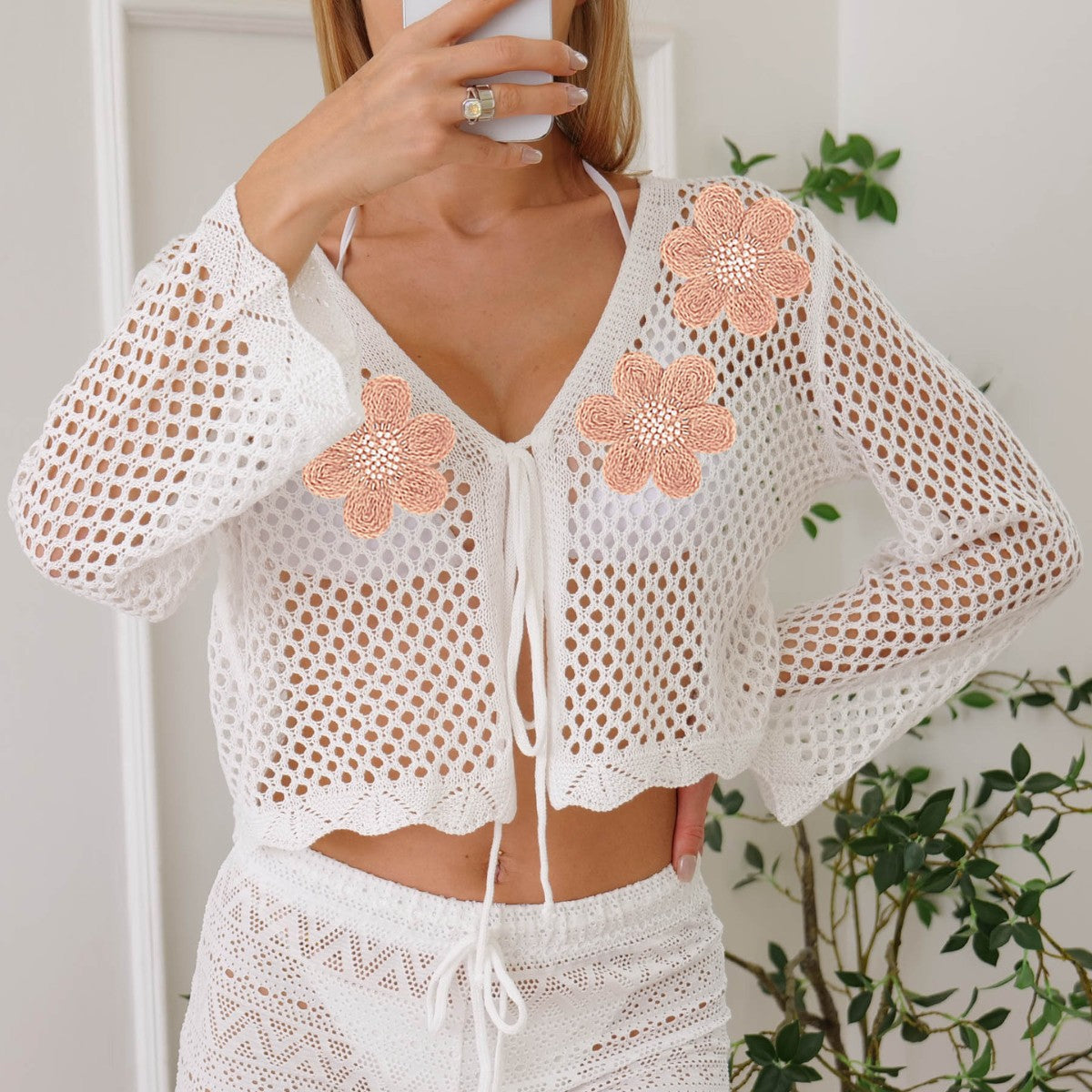 Cárdigan de mujer con cordones, calado, tejido, bordado floral, costura, protección solar para playa, blusa de manga larga informal.